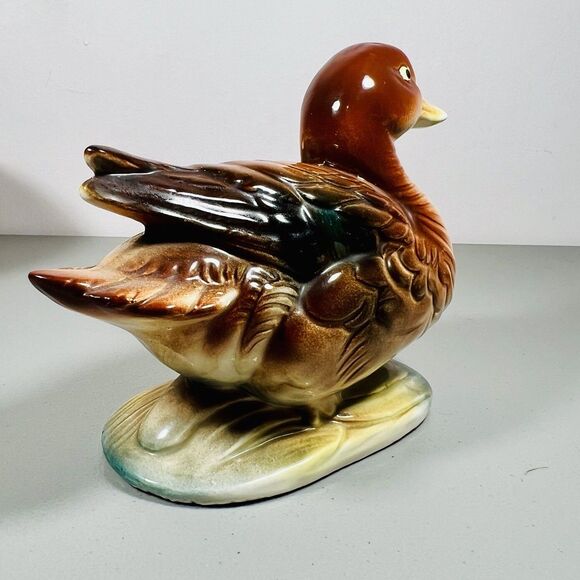 Mid-Century Japanese Ceramic Duck Figurine 6" x 9 brown green - Picture 5 of 10